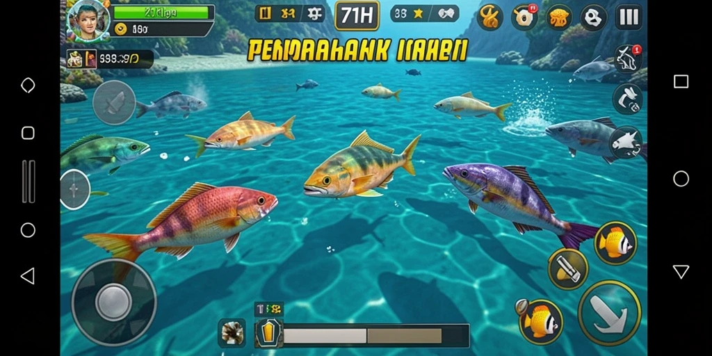 Screenshot gameplay 71H dengan aksi menembak ikan.