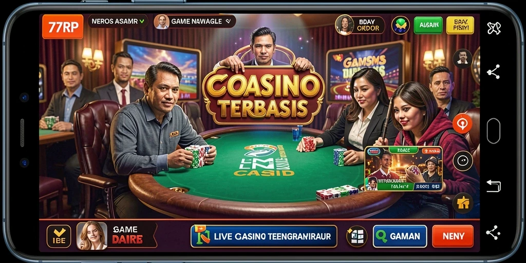 Screenshot gameplay 77RP menampilkan dealer profesional dan aksi seru di meja Live Casino.