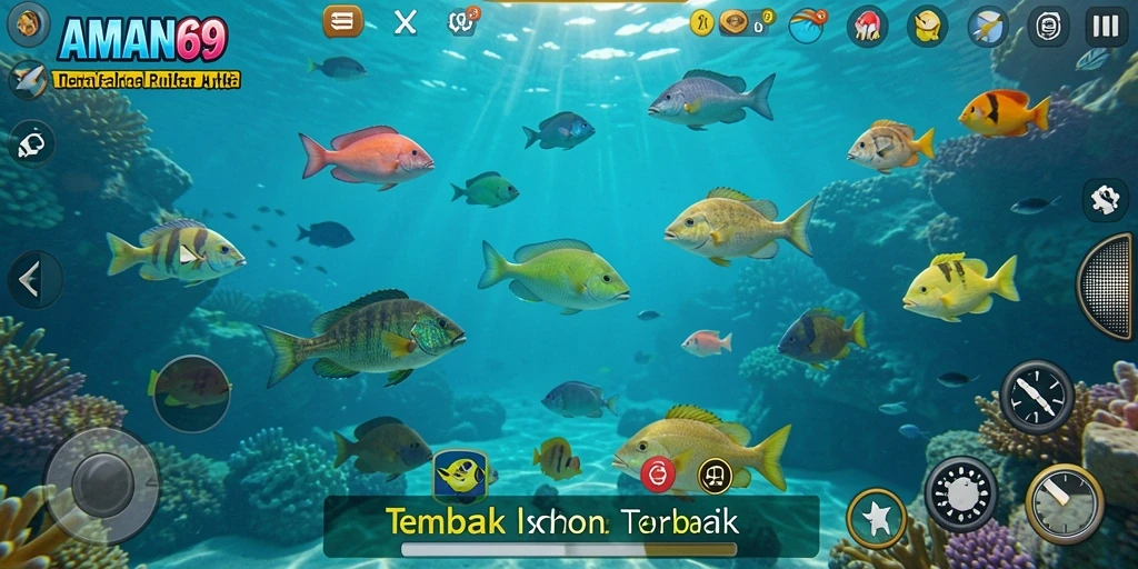 Screenshot menunjukkan gameplay seru Tembak Ikan di AMAN69.