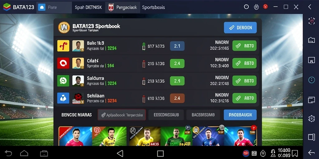 Screenshot gameplay BATA123 menampilkan antarmuka aplikasi Sportsbook yang modern.