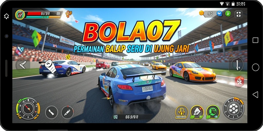 Screenshot gameplay BOLA07 menampilkan aksi balap yang mendebarkan.