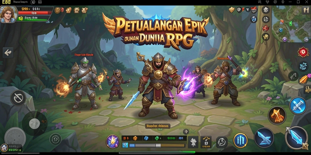 Tangkapan layar utama E88 menampilkan aksi pertarungan seru dalam dunia RPG.