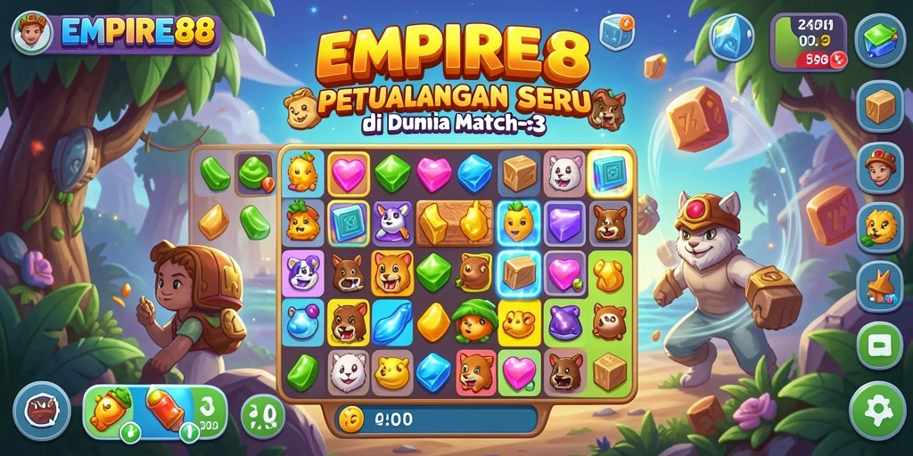 Screenshot gameplay EMPIRE88 yang menunjukkan pencocokan permata Match-3.