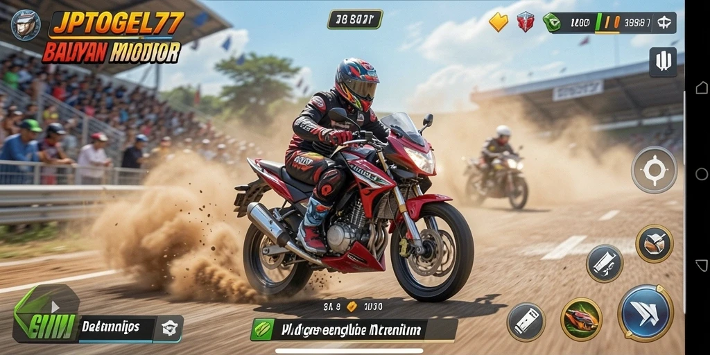 Screenshot gameplay JPTOGEL77 menampilkan balapan motor yang intens dan mendebarkan.