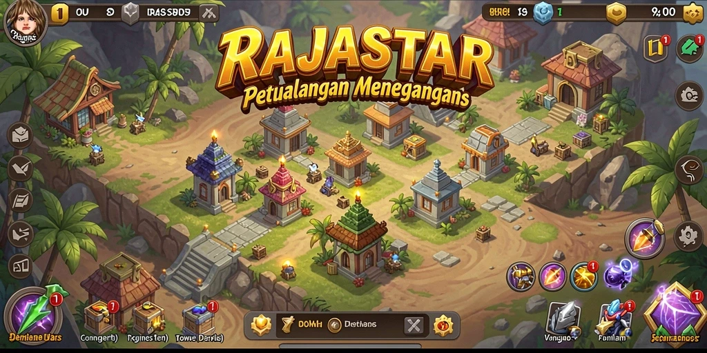 Gameplay menegangkan di RAJASTAR dengan berbagai menara melawan gelombang musuh.