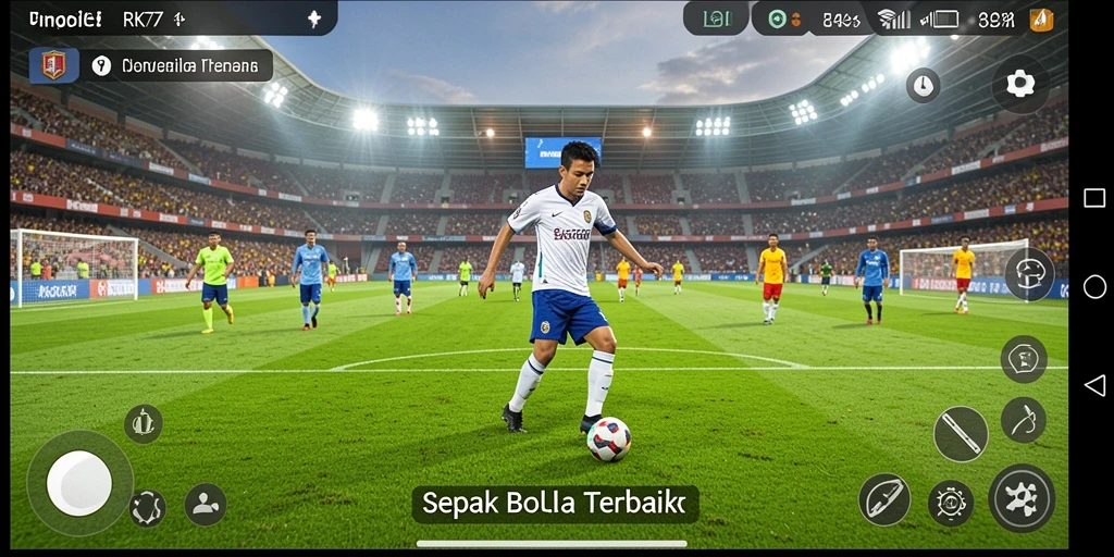 Tampilan gameplay seru RK77 dengan aksi sepak bola mendebarkan.