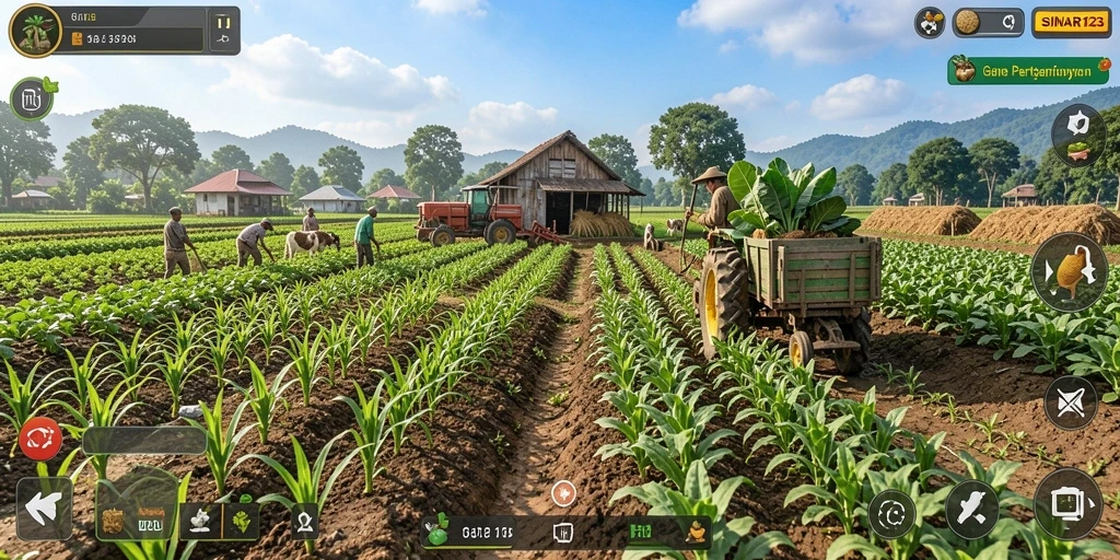 Tangkapan layar gameplay SINAR123 menampilkan ladang penuh tanaman dan aktivitas pertanian.