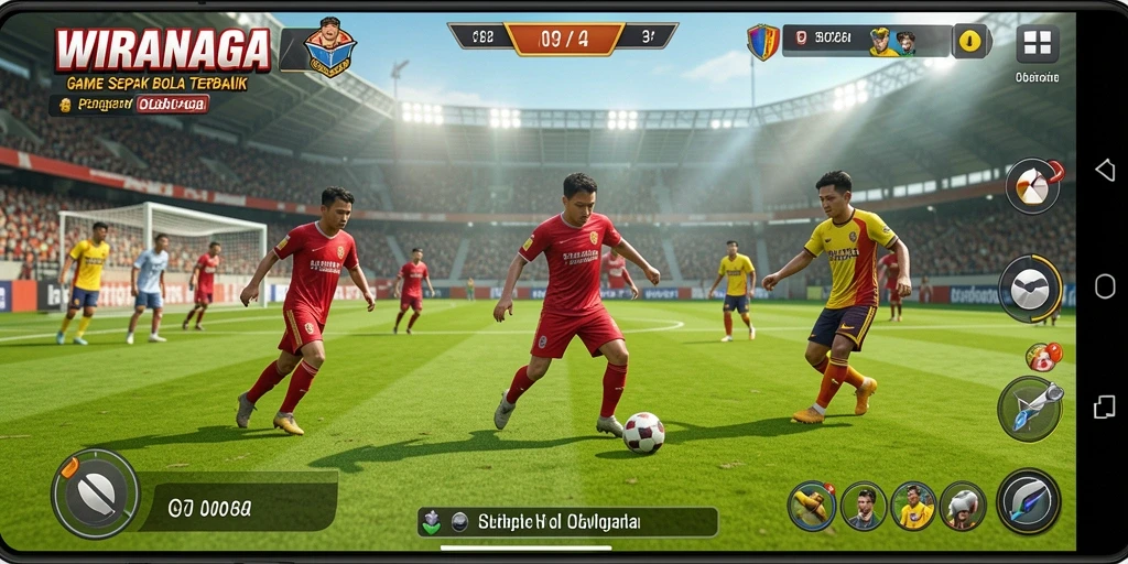 Screenshot WIRANAGA yang menampilkan aksi permainan sepak bola yang mendebarkan.