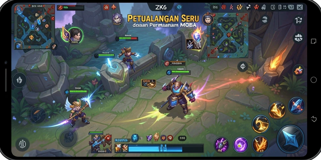 Tangkapan layar ZK6 menampilkan pertarungan hero yang epik dalam arena MOBA.